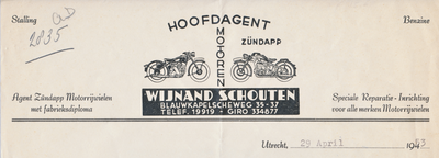 712041 Kop van een nota van Wijnand Schouten, Speciale Reparatie-Inrichting voor alle merken Motorrijwielen, Hoofdagent ...